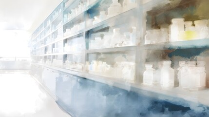 Calm pharmacy shelves display medicine a soft watercolor illustration evokes peace and professional healthcare imagery