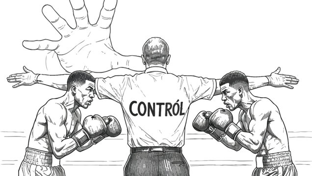 Referee with the word control on his back separates two tense boxers in a ring illustrating regulation and intervention in competition