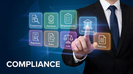 Corporate compliance concept with businessman touching glowing governance icon on digital 
