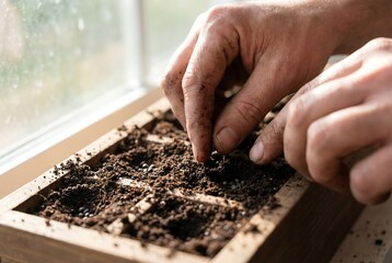 Man hands planting seeds in a wooden seed starter tray near a window. Organic gardening beginning plant propagation for spring season.