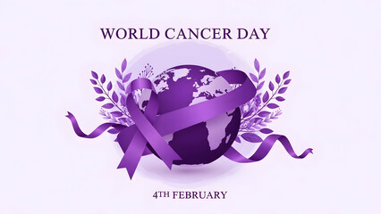 Purple ribbon wrapped around the globe on world cancer day with leaves on a light purple background