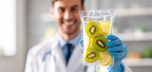 The IV bag filled with kiwi and lemon slices held by doctor