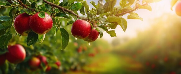 The Apples on a Sunlit Branch in a Lush Orchard at Golden Hour