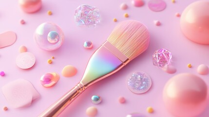 Hyperrealistic 3D designer toolkit floating in arranged circular pattern with metallic rose gold paint brush releasing rainbow paint splash, crystalline color palette with refracted light, tactile