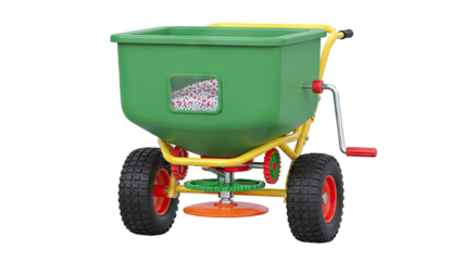 Garden fertilizer spreader with green hopper and yellow frame