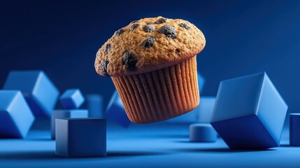 Levitating Chocolate Chip Muffin Over Blue Geometric Background