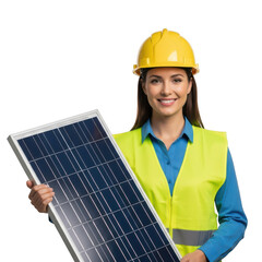 Smiling female engineer in yellow hard hat and safety vest holding a solar panel against transparent background