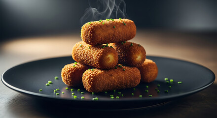 A close-up shot of golden-brown, crispy croquettes stacked on a dark plate, garnished with chopped chives. Steam rises gently