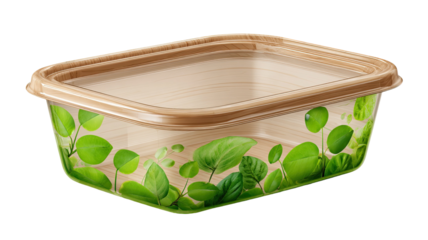 Title: Compostable food container isolated on white background showcasing sustainable eco friendly packaging for takeaway meals and zero waste dining