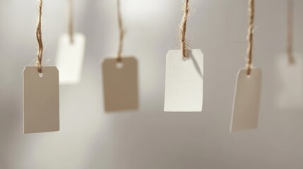 Artistic arrangement of floating white paper price labels of varying weights and textures suspended by rustic twine strings against soft focus neutral background, showing front and back sides,