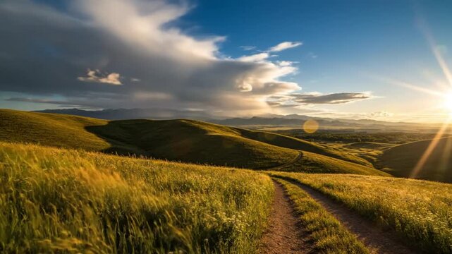Scenic panoramic view of rolling green hills, a dirt path, and the sun shining through fluffy clouds