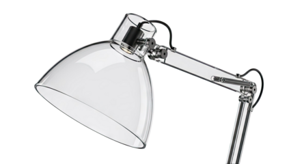 Modern desk lamp with clear glass shade and articulated arm