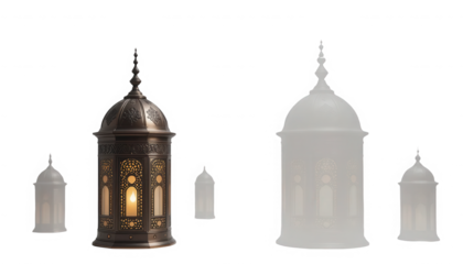 Detailed bronze ramadan lantern glowing with warm candlelight shown alongside white 3d models for design comparison on transparent background