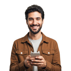 Smiling young man with dark hair and beard holding a smartphone, looking directly at the camera, isolated on transparent background