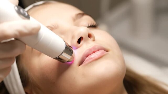 Close-up of a person receiving a red-light therapy treatment on their face
