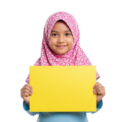 Smiling young muslim girl in pink hijab holding a blank yellow sign board isolated on transparent background