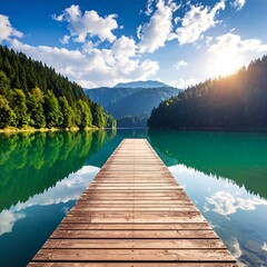 Obraz premium A serene wooden dock on a tranquil lake with mountains and trees