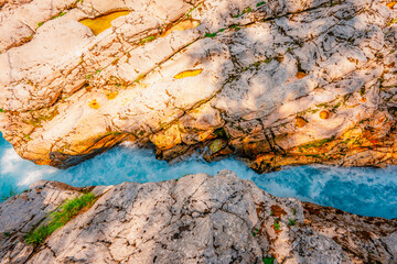Male Korita or small canyon of Soca river near Bovec in Slovenia. River soca gorge in Triglav national park. Soca waterfall