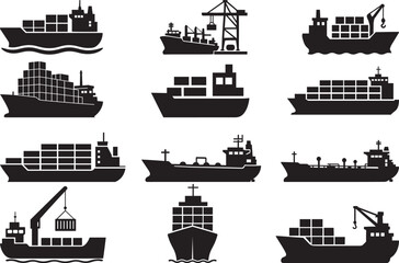 Cargo ship and container vessel silhouettes set with tanker crane and port ships bundle
