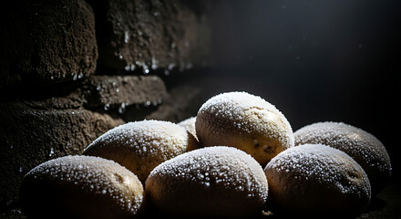 A close-up shot of several light-brown potatoes covered in a light dusting, set against a dark background, near a brick wall