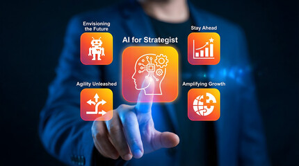 Business professional engaging AI strategist interface for future growth innovation dark d