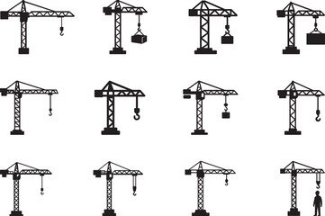 Construction tower crane silhouettes set with lifting hooks loads and worker for building industry
