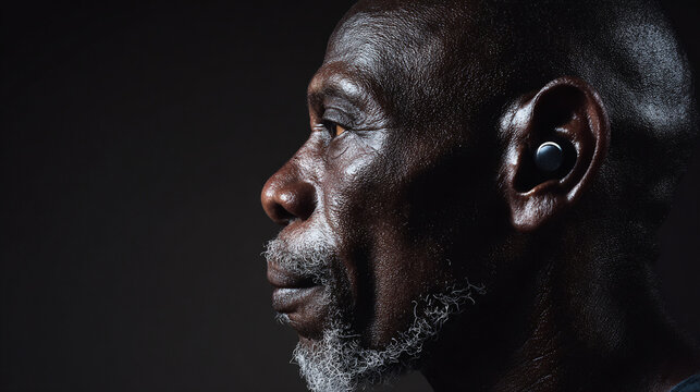 Side profile of a black sixty-year-old man wearing a hearing aid on a black background, studio lighting