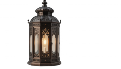 Exquisite antique bronze Moroccan style lantern featuring an illuminated Edison bulb and traditional carved metalwork on transparent background