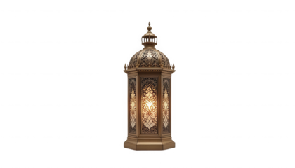 Ornate antique brass islamic lantern featuring intricate geometric carvings and warm glowing illumination on transparent background