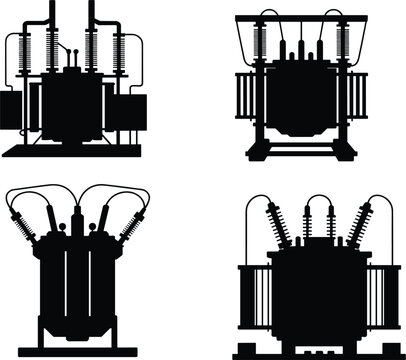 High voltage electrical transformer silhouette set, industrial power station equipment, energy electricity infrastructure vector icons collection