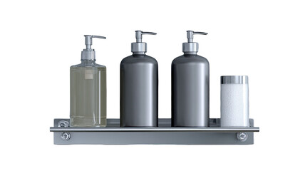 Modern bathroom soap dispenser bottles and container set stainless steel shelf hygiene accessories isolated on white background