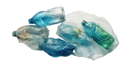 Fototapeta premium Discarded plastic bottles and bags ocean pollution environmental waste recycling trash accumulation isolated on white background