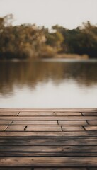 Fototapeta premium Tranquil lakeside pier scene evokes calm serenity perfect for peaceful travel marketing visuals