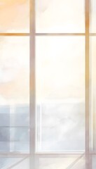 Fototapeta premium Serene office windows reveal a summer landscape soft watercolor illustration evokes calm workspace design