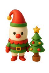 3D daikon wearing elf costume, standing beside small Christmas tree