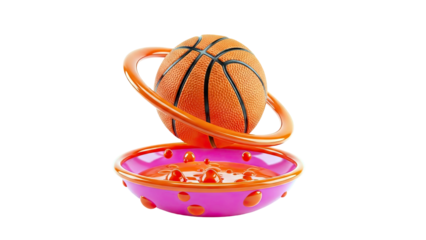 Basketball planet over a pink bowl with orange liquid and bubbles