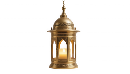 Ornate antique brass hanging lantern featuring an illuminated candle flame and detailed arabesque architectural carvings on transparent background
