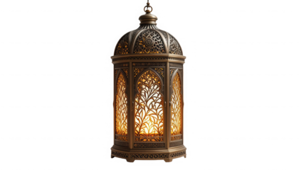 Ornate antique bronze hanging lantern featuring intricate filigree metalwork and warm glowing illumination on transparent background