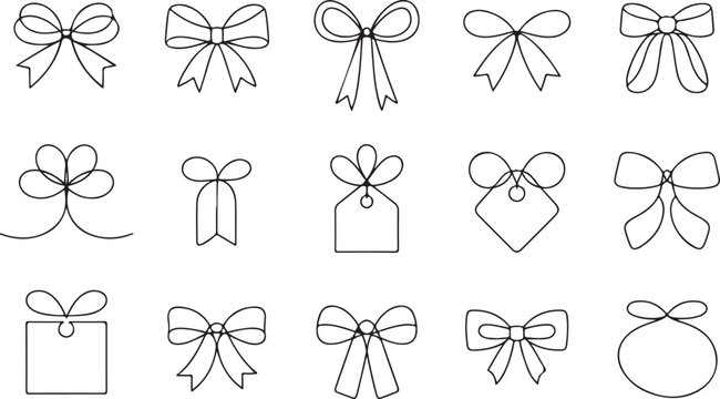 Line gift bow. Thin twine for gift parcel wrap, black line rope cord with simple knot and bow ribbons, price tags for birthday or Christmas present package decoration. Vector doodle nodes set 01