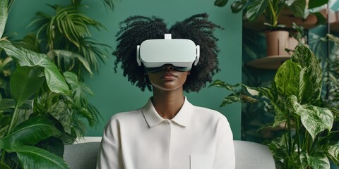 Exploring the Future: A Woman Engaged in Virtual Reality Amidst Lush Greenery and Plants