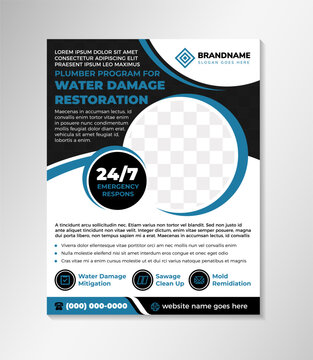 plumber program for water damage restoration flyer design. blue and black colors on element isolated on white background. space for photo and infographic.