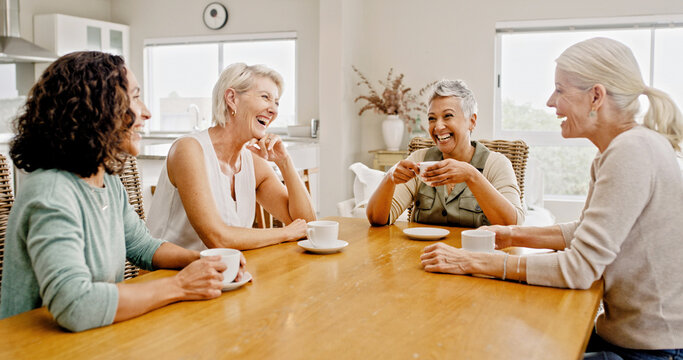Laughing, friends or senior woman at table for reunion, share funny story or comic experience together. Tea party, retirement or happy people bonding at gathering in home, weekend visit or humor chat - Powered by Adobe