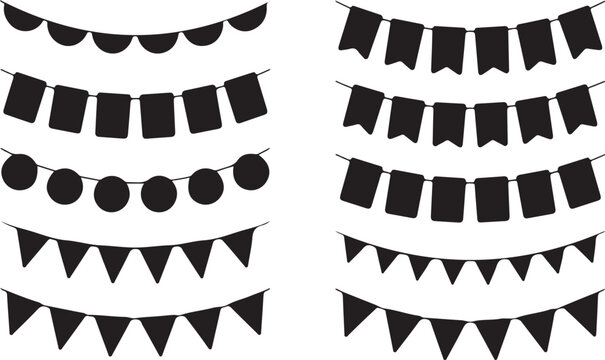 Paper bunting garland carnival with flag black silhouette set. Lanterns triangle flag ribbon stencil print template seamless pattern brush decorative pennant holiday party festival sticker isolated