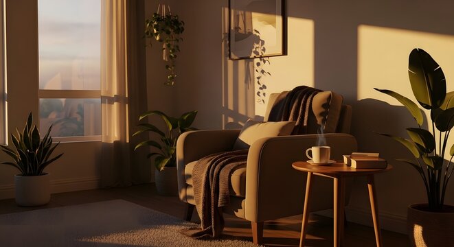 Peaceful living room bathed in warm golden hour light, featuring a cozy armchair, vibrant plants, and a steaming hot drink, perfect for an evening of relaxation