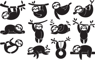 Set of Cute cartoon sloth silhouette vector graphic design. hand drawn baby sloth sleeping characters hanging on the tree. Illustration for nursery design, poster, greeting, birthday card, baby shower