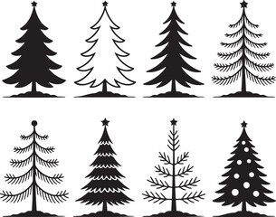 Fototapeta premium Set of four stylized hand drawn christmas trees with stars on top in black and white sketch style