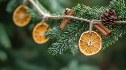 Tender summer growth on fir tree branch adorned with rustic twine garland featuring dried orange slices and cinnamon sticks, brilliant contrast between fresh green needles and warm-toned decorations,