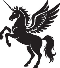 Fototapeta premium Silhouette of a unicorn with wings. Black silhouette on a white background. Element for creating design and decoration