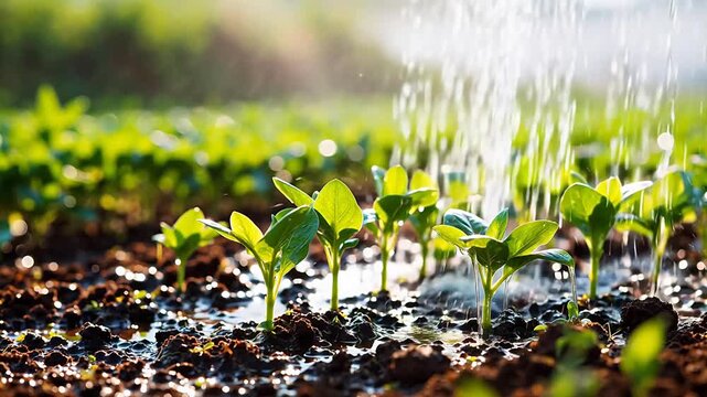 Young plants being watered in a field
