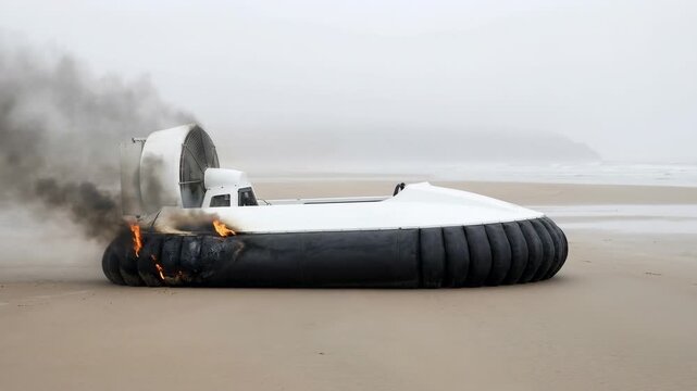 A military hovercraft sits on a beach with smoke coming from its engine. The weather is cloudy and overcast. The craft is mainly white with a black skirt